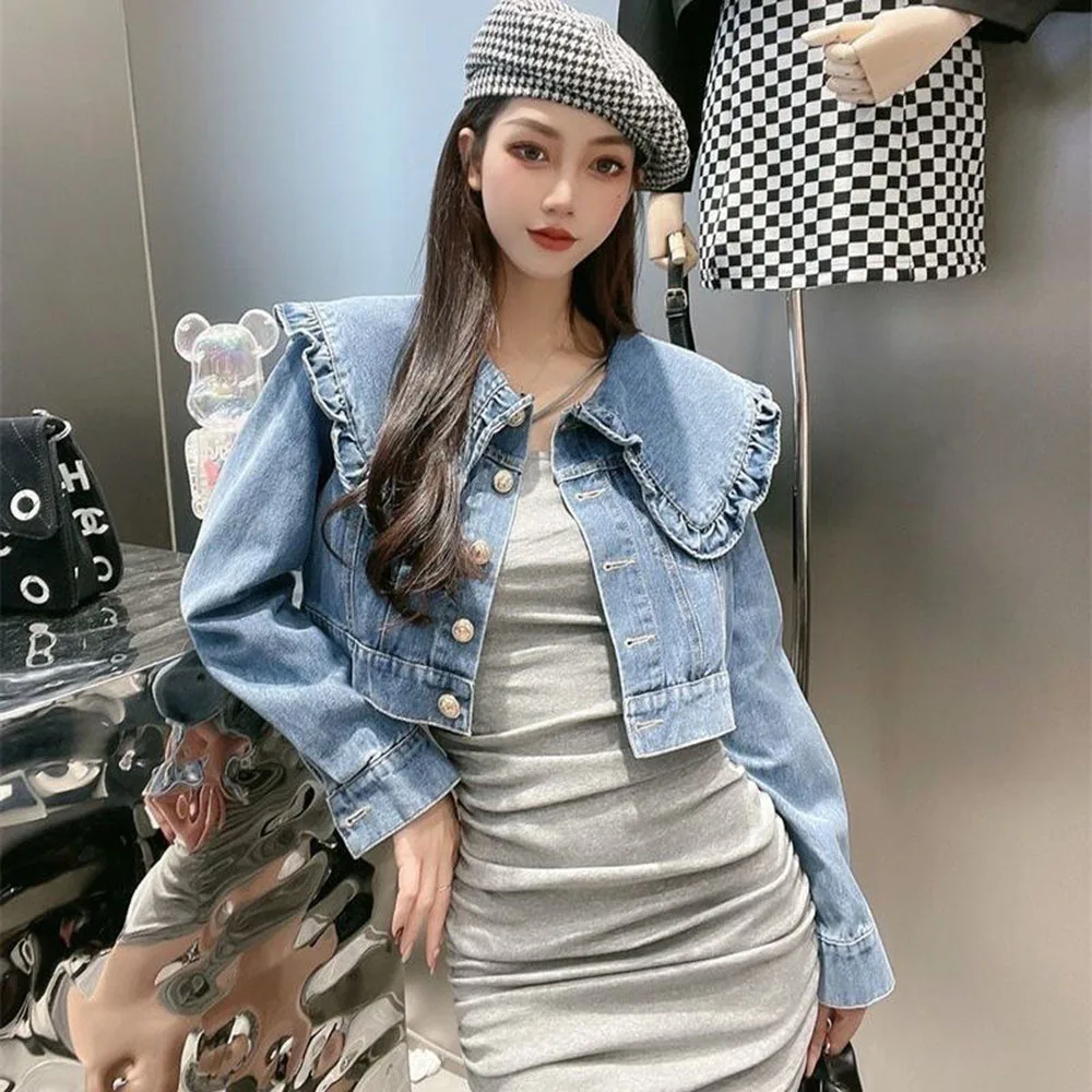 

Korean Style Sweet Ruffles Denim Jacket For Women's Ladies Peter Pan Collar Retro Short Jean Coat Women Long Sleeve Outwear Tops