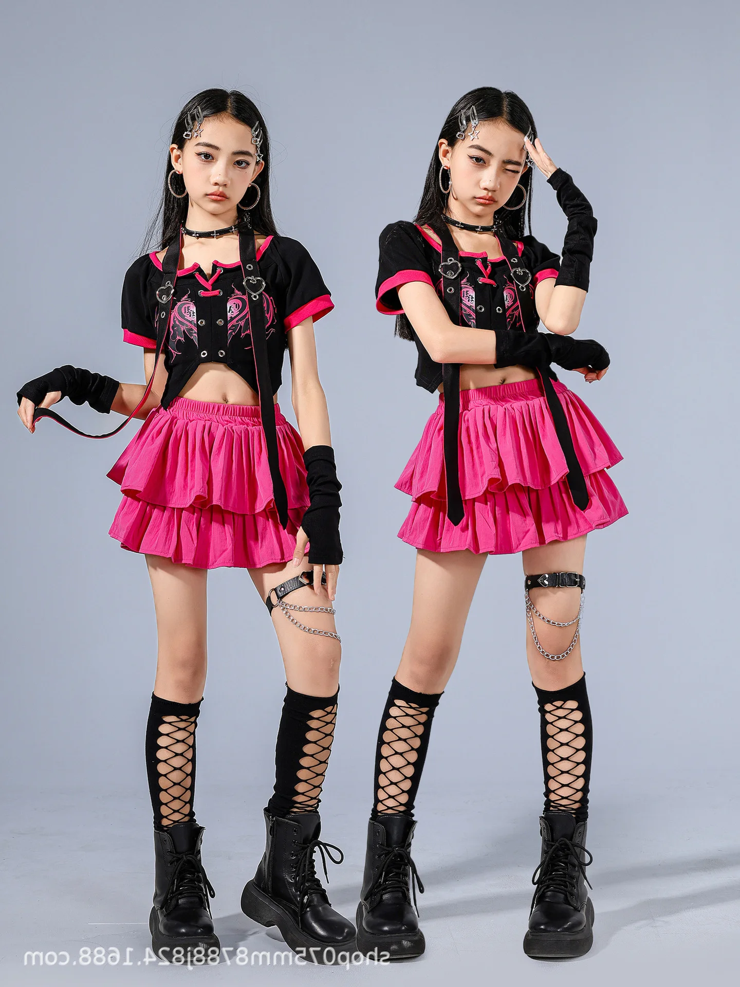 

Одежда для чирлидинга для девочек, летний джазовый костюм, топы с короткими рукавами, розовая юбка, детский костюм для выступлений в стиле хип-хоп