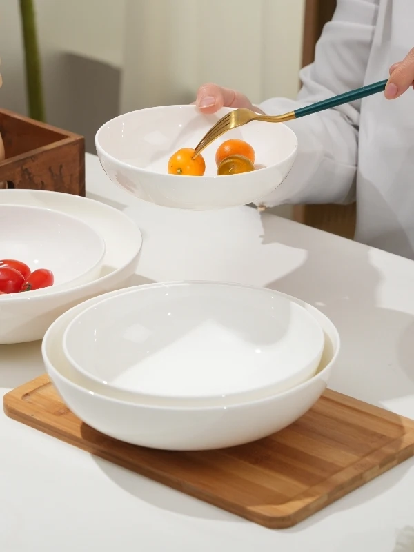 

Premium Pure White Lead-Free Bone China Bowl Ceramic Salad Soup Dishware Shallow Mouth Family Use High Temperature Resistant