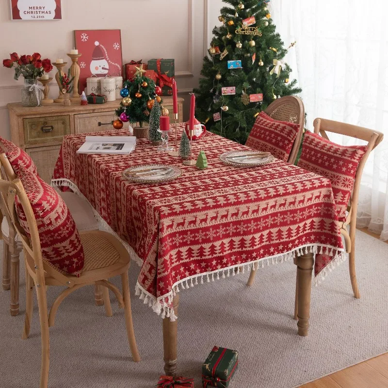 Christmas Red Jacquard Christmas Tree Bell Deer Tassel Tablecloth Tea Table Tablecloth Cover Towel Waterproof Household Items