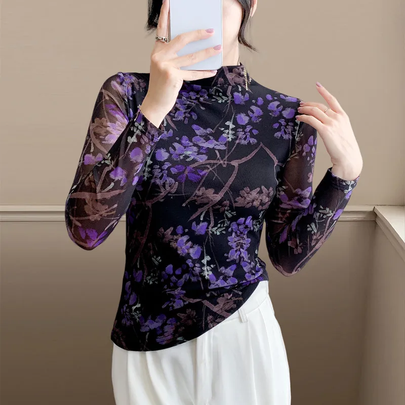 2025 New Women's Semi-Turtleneck Mesh Base Layer Shirt. Chic Long Sleeve T-Shirt for Fall, Fashionable Blouse for Layering