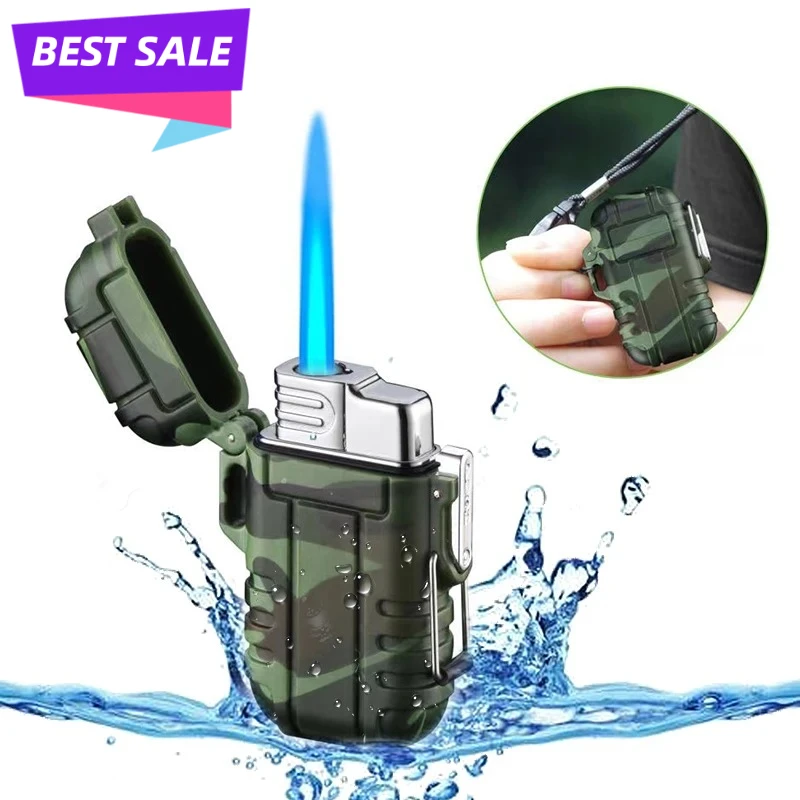 

Outdoor Waterproof Lighter with Lanyard Portable Blue Flame Jet Lighter Butane Turbo Cigar Lighter Camping Wading Men's Gadgets