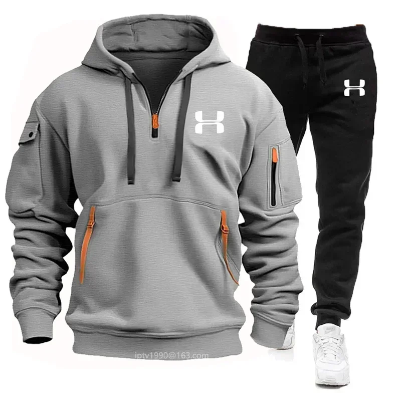 New Men's Sets Tracksuit Autumn Men Multi-pocket Zipper Hoodie + Sports Pants Two-piece Leisure Fitness Sports Men Clothing Set