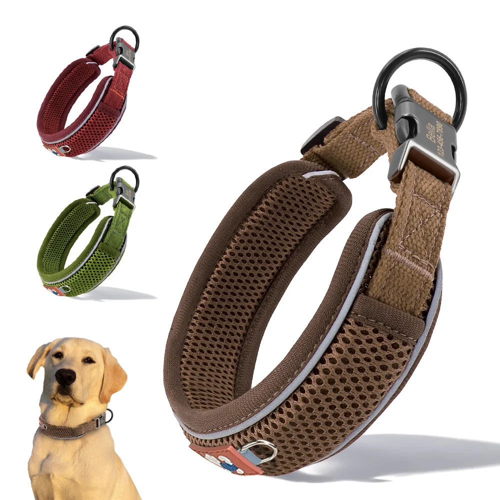 Collar de perro personalizado, collares de malla transpirables para perros, Collar reflectante para mascotas, duradero para perros pequeños, medianos y grandes, grabado gratis
