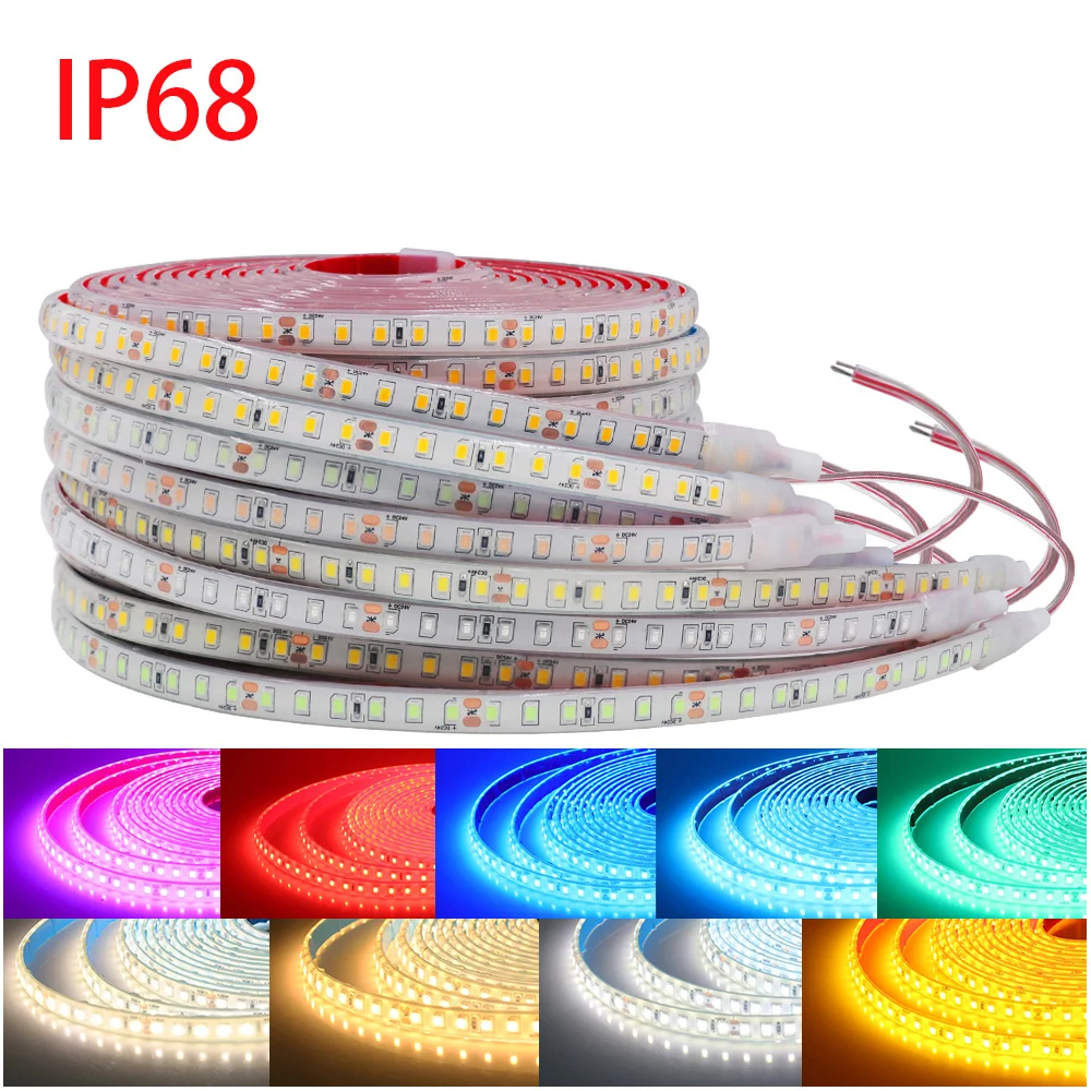 IP68 Waterproof LED Strip Light 2835 12V 24V 9 Colors with 2pin Wire 120LED/m Bright Flexible Tape Ribbon 0.5m 1m 2m 5m 10m 20m