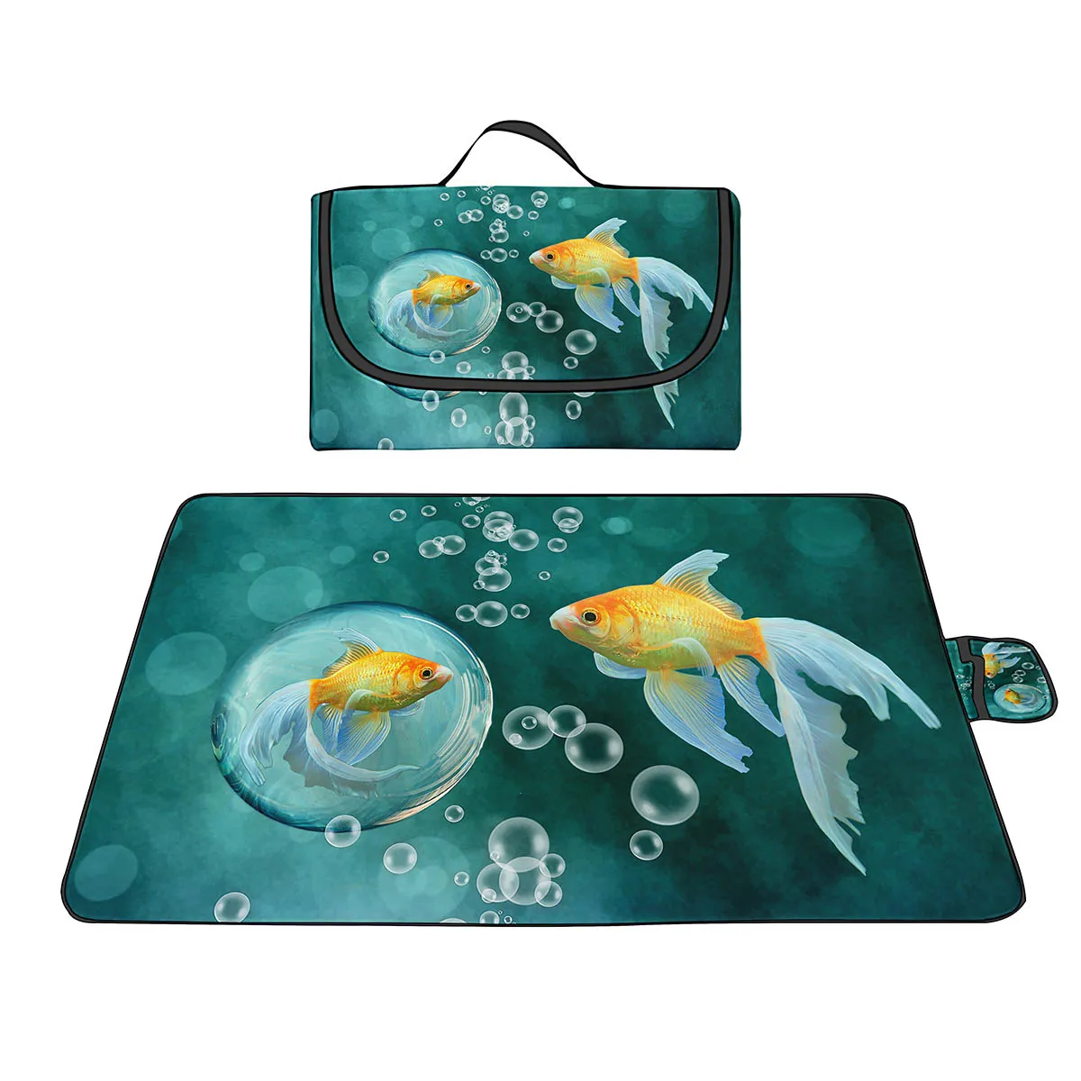 Portable Large Outdoor Picnic Blanket Cartoon Goldfish Print Foldable Oxford Lightweight Beach Mat With Family for Travel Lawn