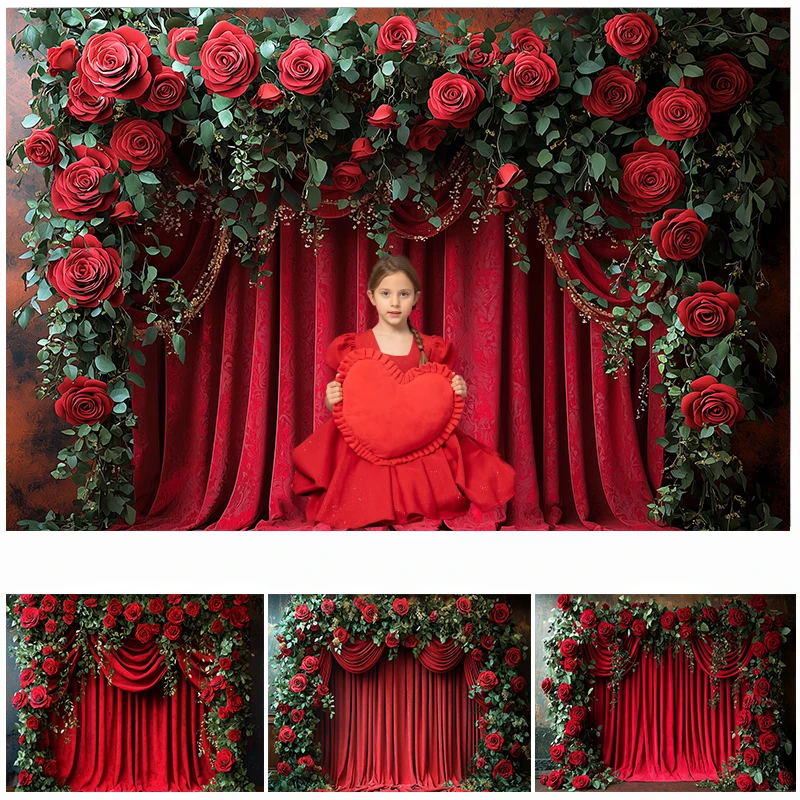 

LS Valentine's Day Photography Background Romantic Rose Red Curtain Decor Wedding Child Adult Art Portrait Photo Backdrop Studio