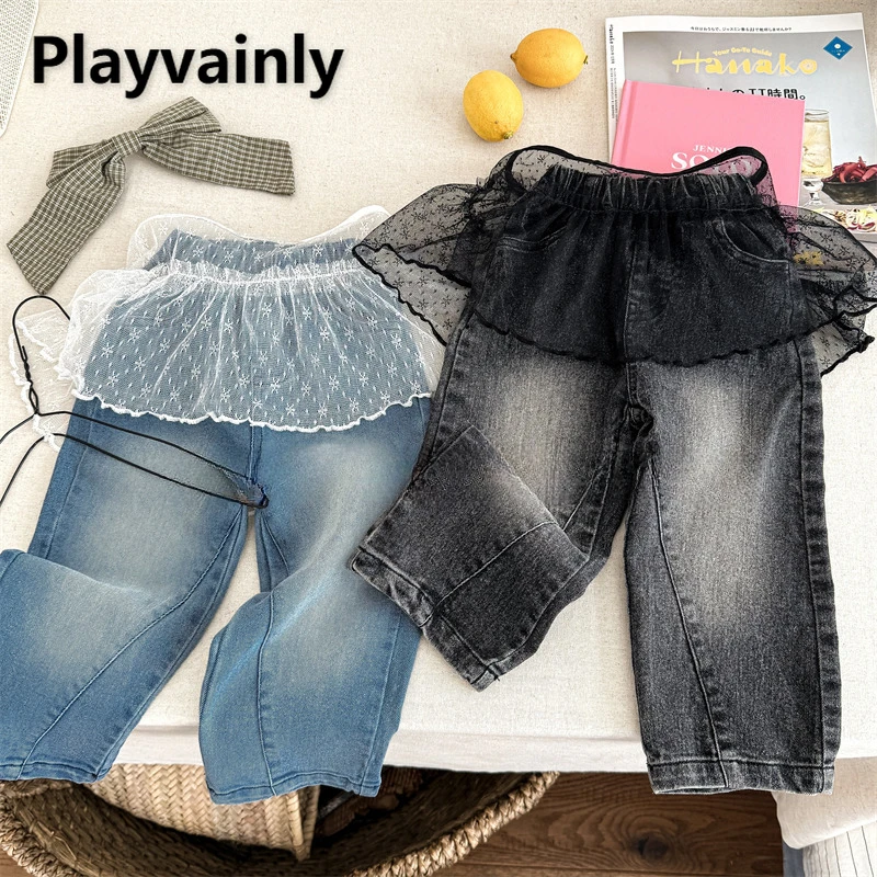 

Korean Style Spring Autumn Baby Girls Jeans Blue Black Mesh Skirt and Straight Leg Denim Pants Fashion Children 2pcs Sets A6026