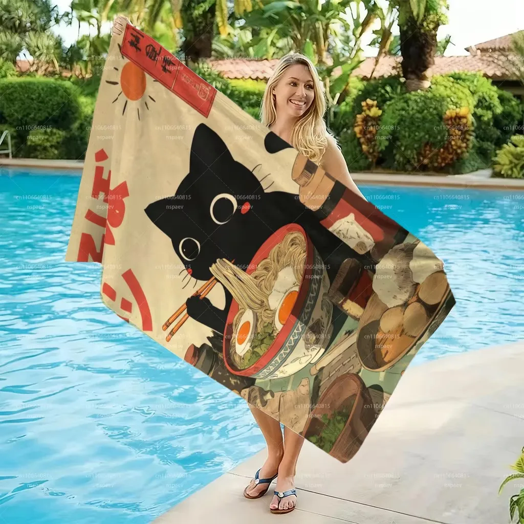 Japanese Vintage Black Cat Ramen Beach Towel Quick Dry Microfiber Cute Anime Bath Towel for Swimming Pool Gym Camping Summer