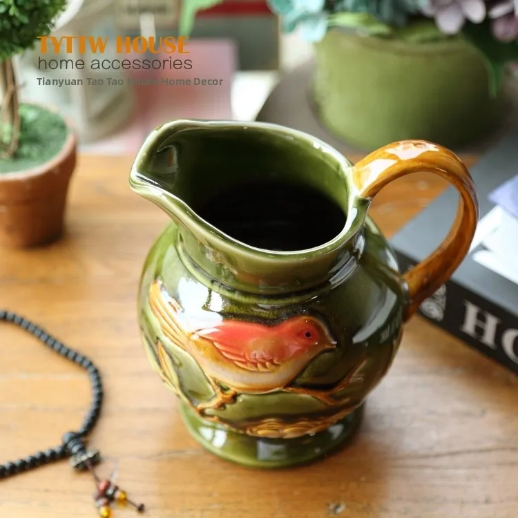 European Ceramic Flower Vase Single Handle Green Bird Pattern Tabletop Home Decor