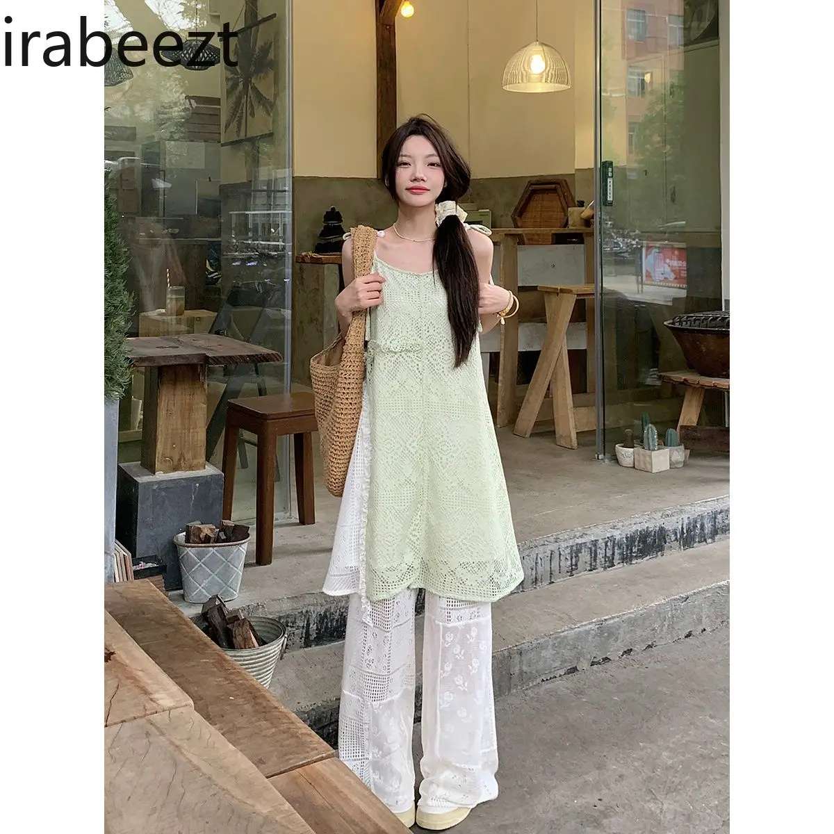 Women 2024 spring new irregular slip skirt hollow-out lace straight-leg trouser suit summer hot sale womens two peice sets