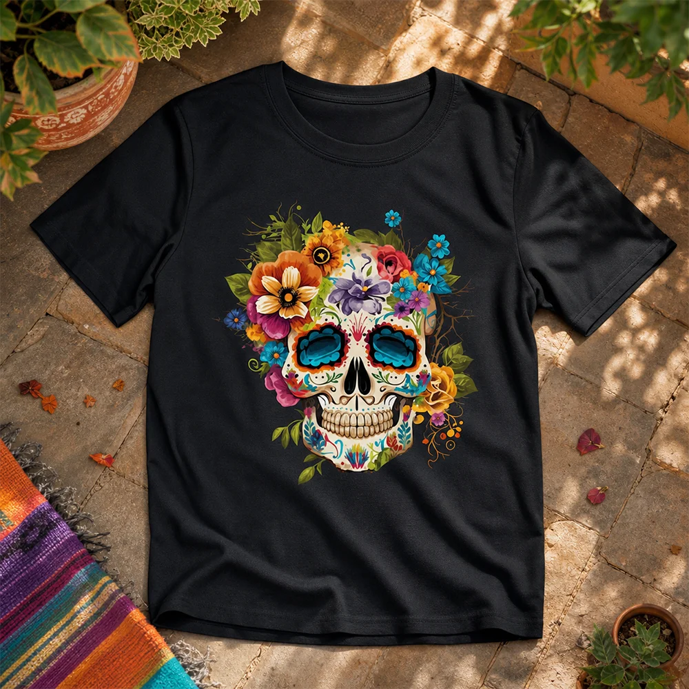 Unisex Floral Sugar Skull Short Sleeve Tee Breathable Parent-Child Mexican Day of the Dead Fiesta Celebration Summer Casual Top