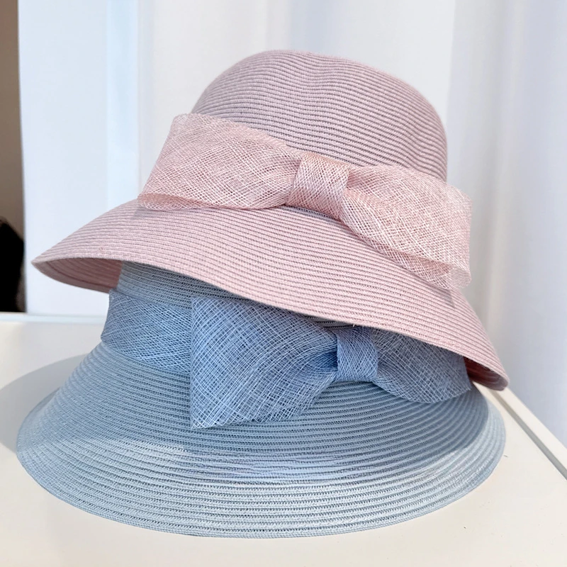 

Spring Summer Fashion Linen Material Fisherman Bucket Hat For Women Bow Decoration Flat Top Fedora Hat Elegant Quality Sun Hat