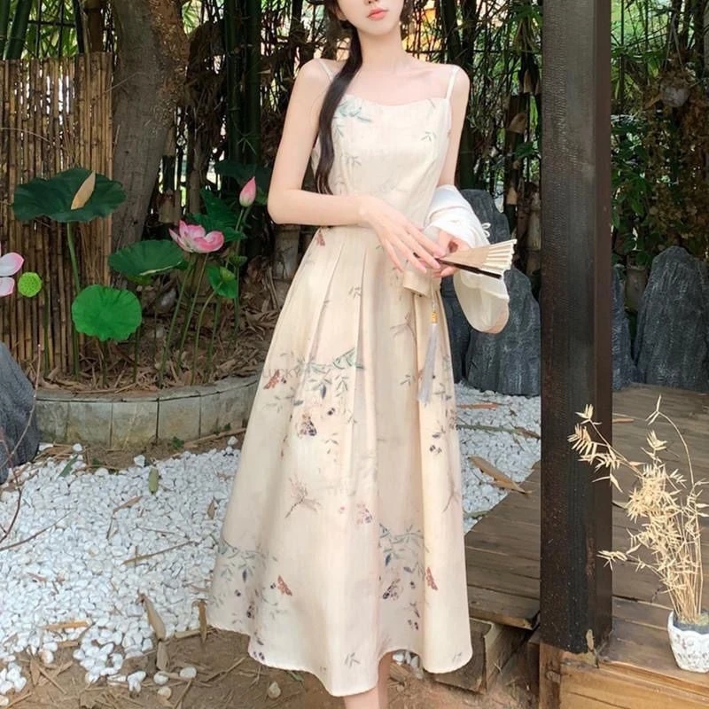 فستان تقليدي محسّن من تشيباو فستان بحمالات صينية مكون من قطعتين فستان زهري سترة علوية بدلة فستان للنساء للصيف #4