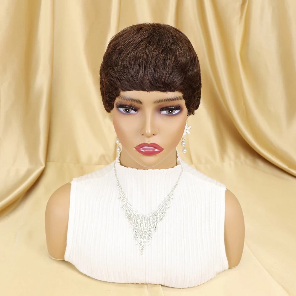 Wig Rambut Manusia Potongan Pendek Pixie Wig Tanpa Lem Warna Hitam Alami Rambut Remy Brasil untuk Wanita Wig Buatan Mesin Penuh