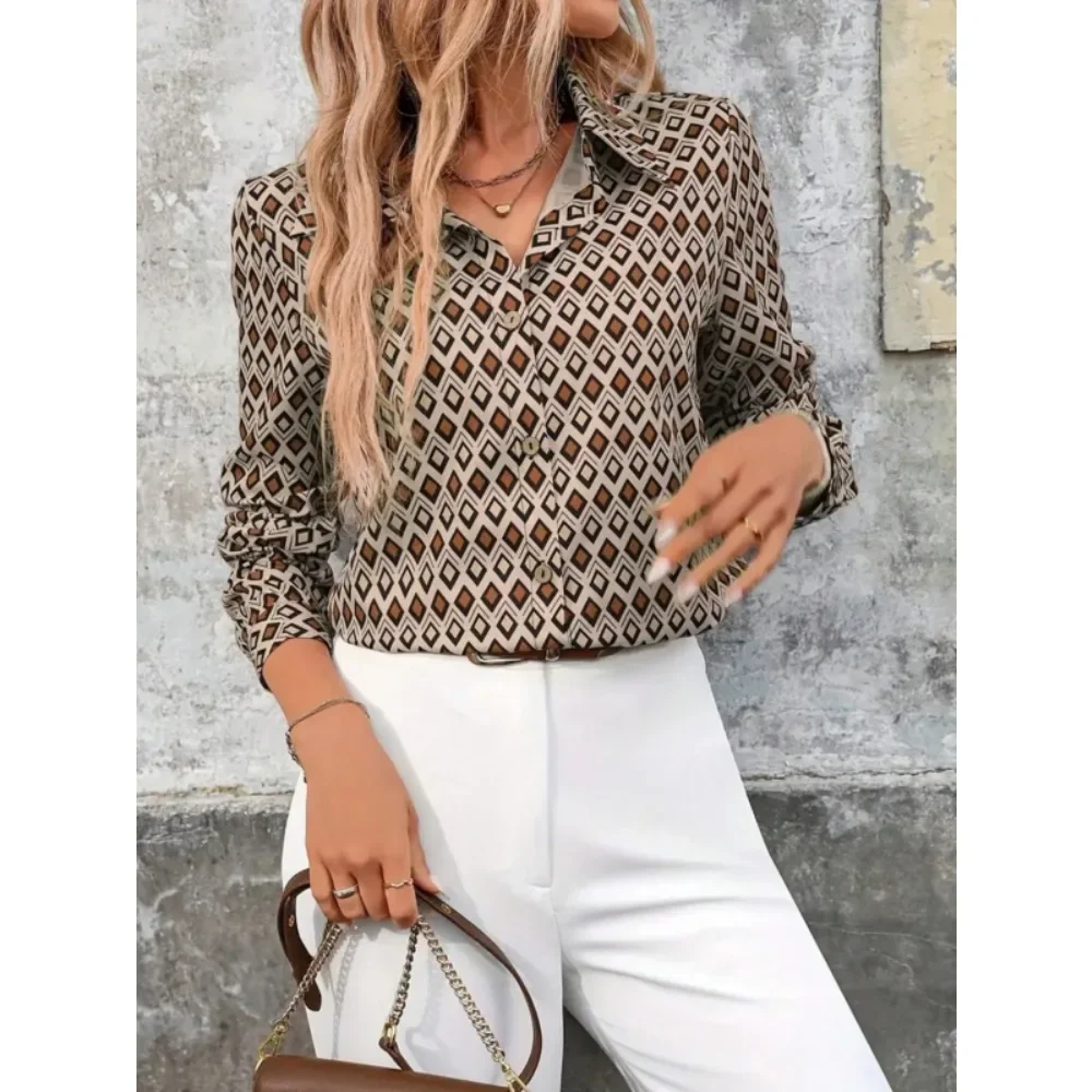 حجم كبير 1XL-5XL المرأة موضة هندسية مطبوعة زر حتى بلوزة قميص السيدات عادية كم طويل التلبيب قميص طوال الموسم #4
