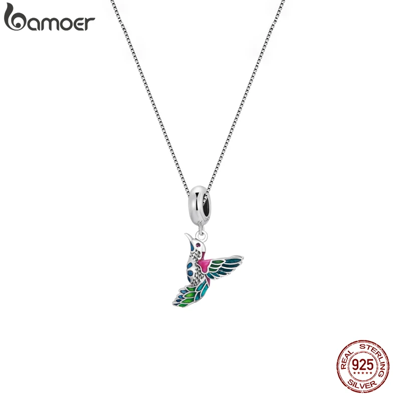 Bamoer Authentic 925 Sterling Silver Enamel Kingfisher Pendant Necklace Bird Charms Neck Chain for Women Fine Jewelry Gift