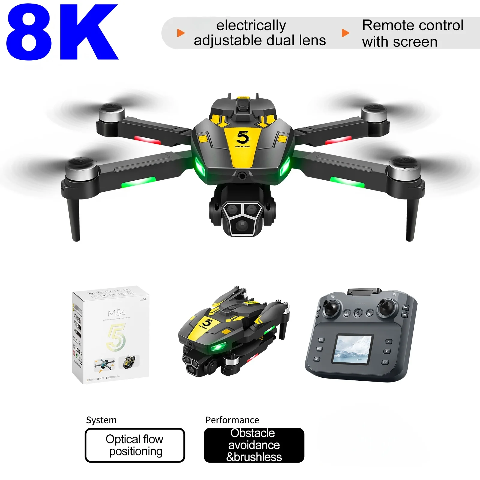 Zangão sem escova com câmera hd 8k, prevenção inteligente de obstáculos, rolo 360, posicionamento de fluxo óptico, aeronave rc, quadricóptero, brinquedos