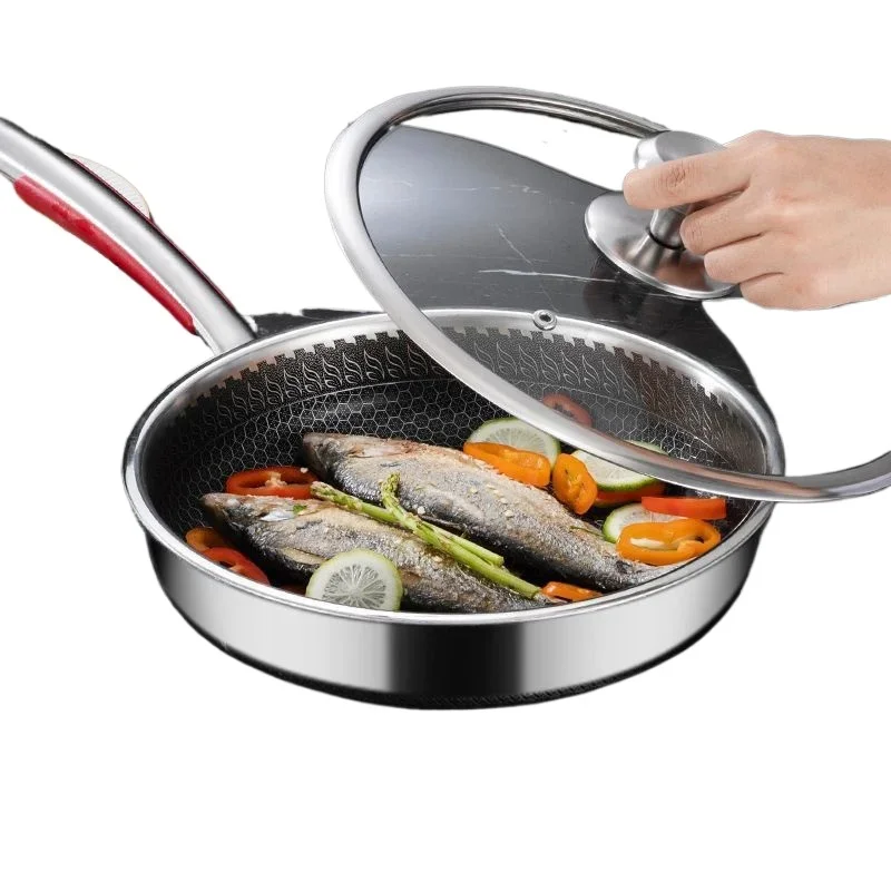 26/28cm Frying Pans with Lid,Stainless Steel Nonstick Frying Pan Honeycomb Skillet for Gas Electric Induction Ceramic Stoves