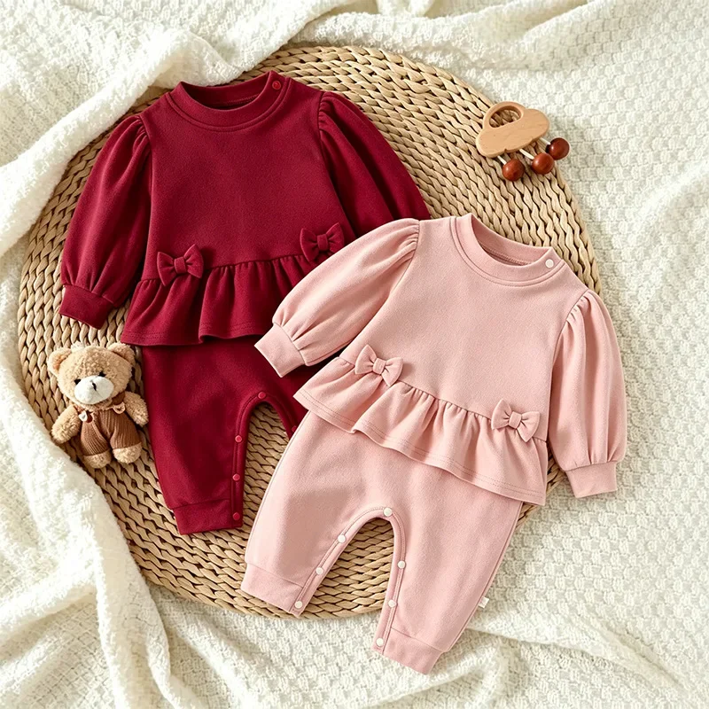 0-24M Newborn Kid Baby Girl Winter Autumn Clothes Long Sleeve Thick Romper Bow Warm Jumpsuit Casual Plain Outfit