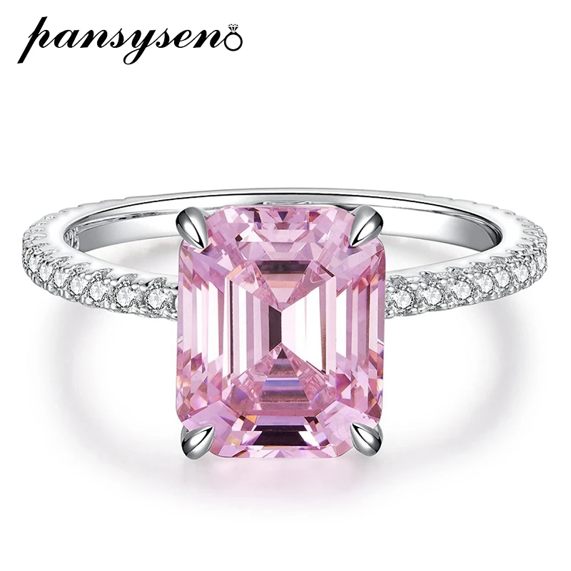 

PANSYSEN Sparkling 100% 925 Sterling Silver 8x10MM Emerald Cut High Carbon Diamond Ring 18K White Gold Plated Wedding Party Gift