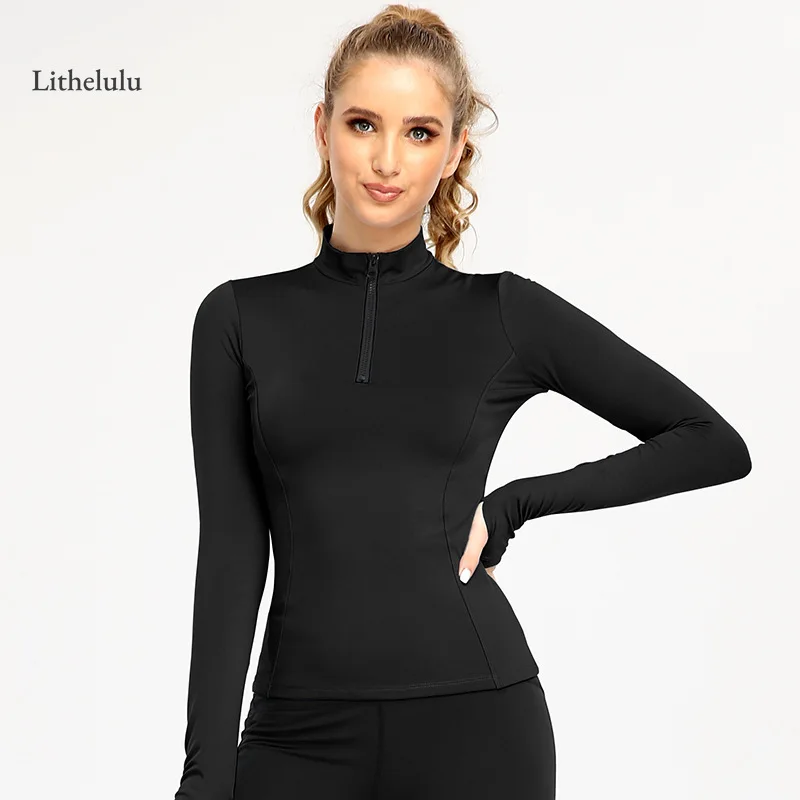 

Turtleneck Black T Shirts Women Zipper Running Tee Yoga Quick Dry Workout Gym Crop Tops Long Sleeve Sports Fitness