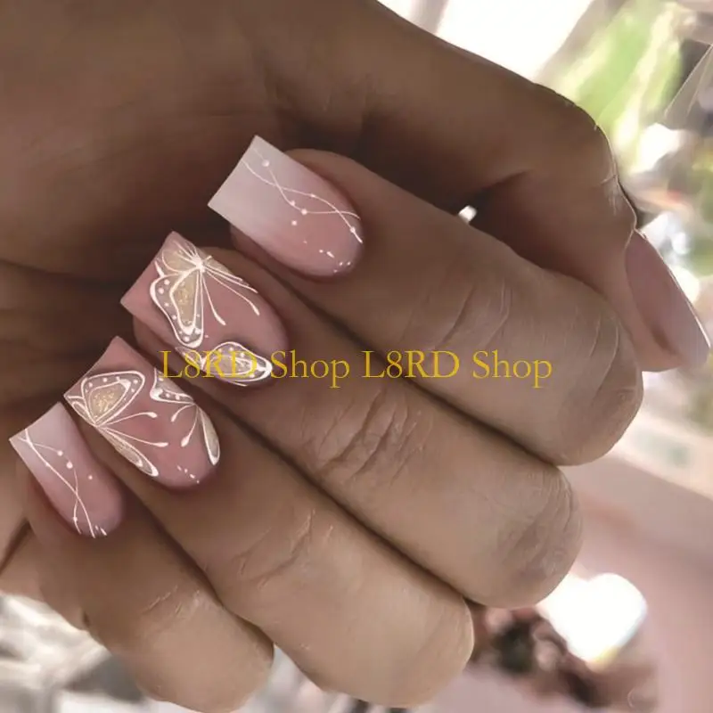 L8RD 24Pcs Butterfly Fake Glossy Press on False Tips Artificial