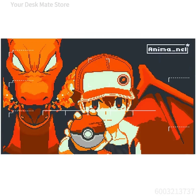 Anime Pixel Art Pokemon TCG Playmat, Red Trainer & Starter Pokemon Designs With Battle Zones Rubber Table Mat For Card Game