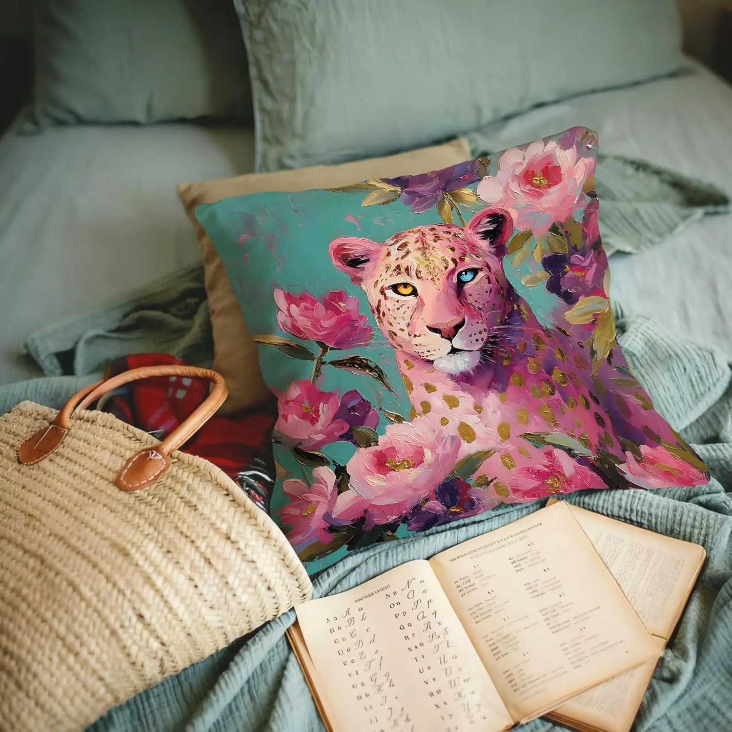 Pink Floral Leopard Pillow Covers 18x18, Cheetah Room Decor, Teal and Pink Flower Wild Animal Decorative Throw Pillow Covers