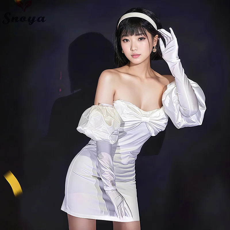 Snoya Sua Cosplay Clothing synthetic Wig Anime alien stage cosplay Costume Short black hair and White dress for women view 4
