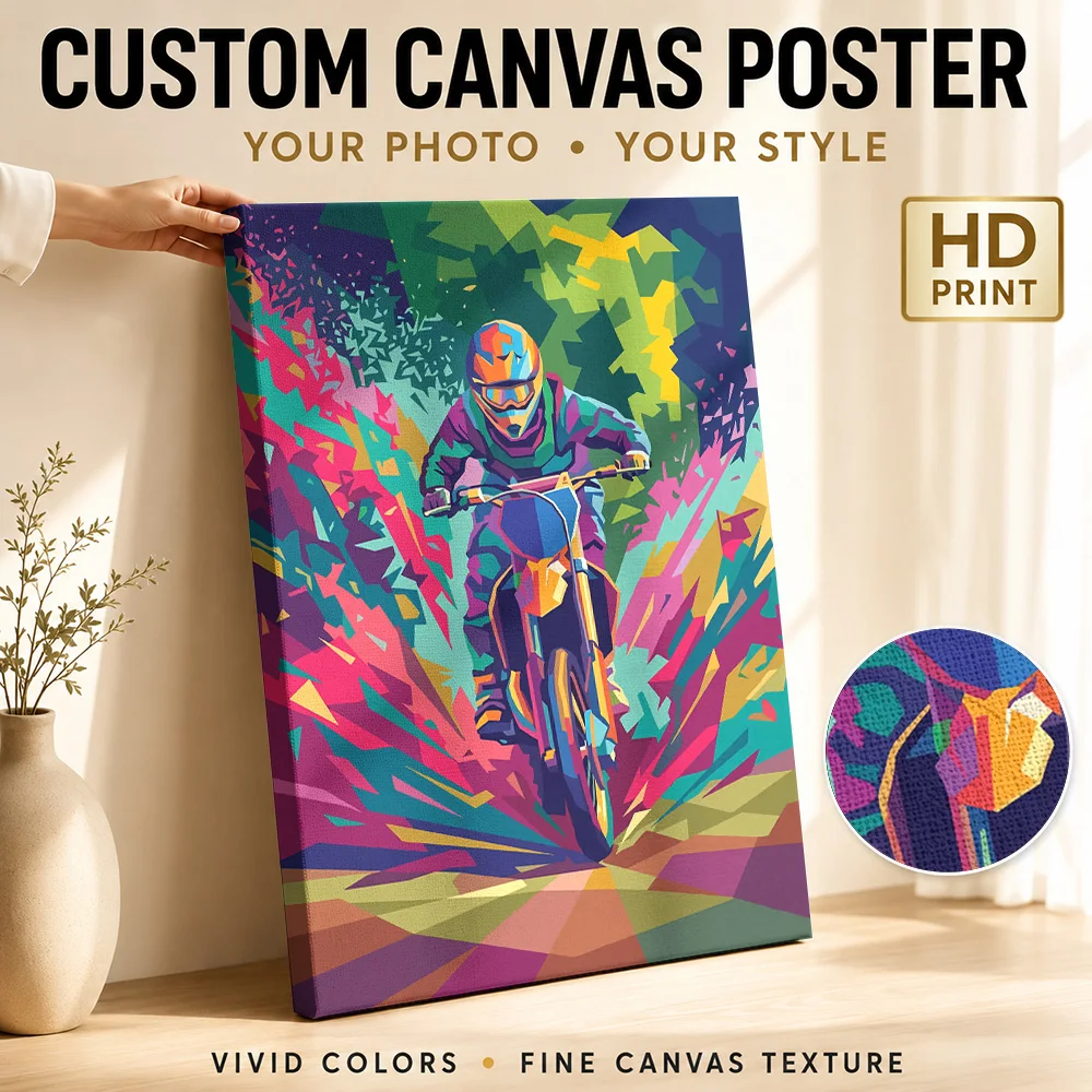 Motocross Rider Color Burst Framed Canvas Print Customized Photo Geometric Wall Art For Racing Simulator Room, Collector Gift