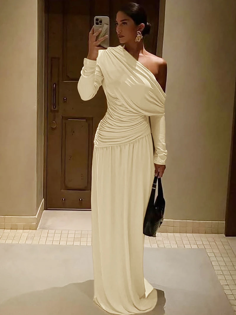 DGLUKE One-Shoulder-Langarm-Maxikleid für Damen, gerüscht, hohe Taille, plissiert, langes Kleid, elegante Party-Abschlussballkleider