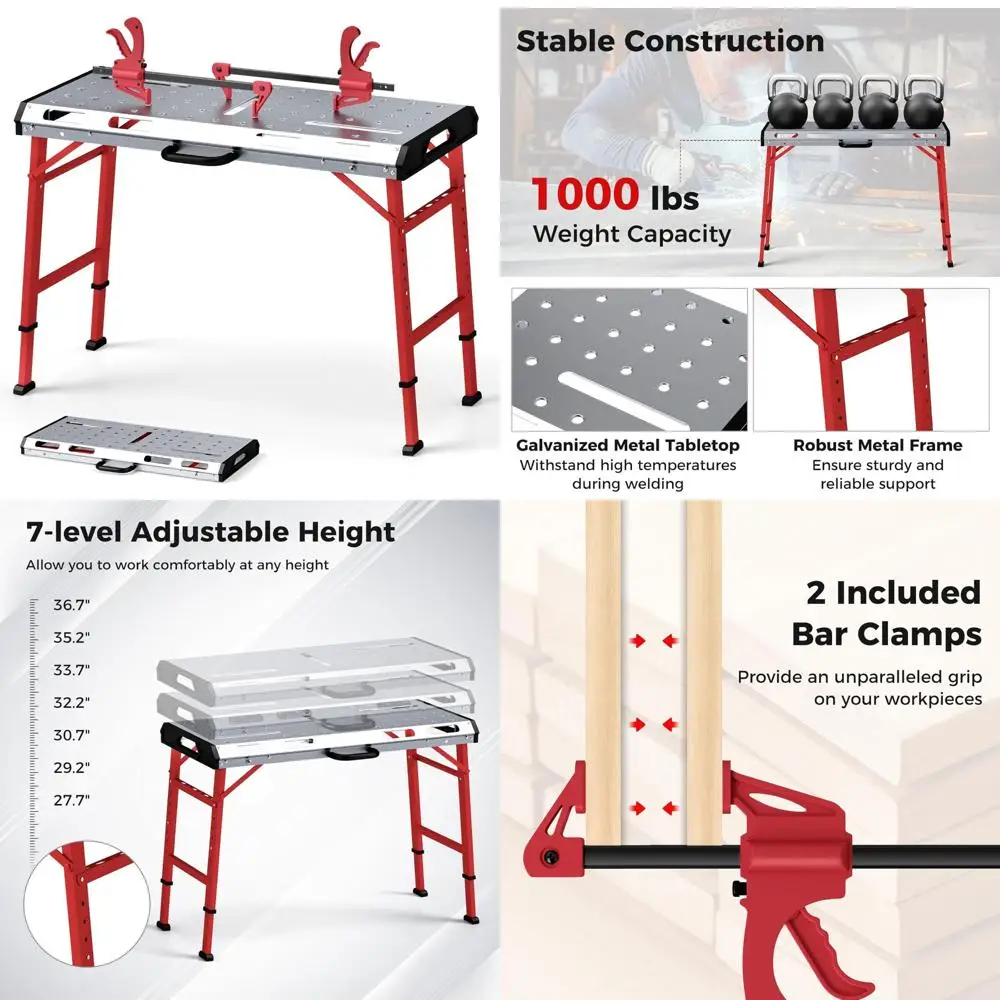 

Складной сварочный верстак с регулируемой высотой 42x21, емкостью 1000 фунтов, 2 зажима, 8 слотов для инструментов, портативный и прочный