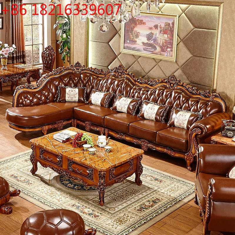 

European leather corner high-end left and right concubines American solid wood small apartment living room L-shaped simple