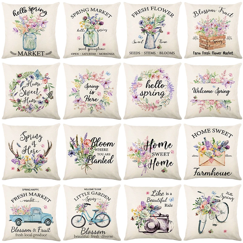 

Bucolic Home Decor Pillow Cover 18x18in Flowers Truck Bike Printed Cushion Cover Simple Style Square Linen Pillowcase for Couch