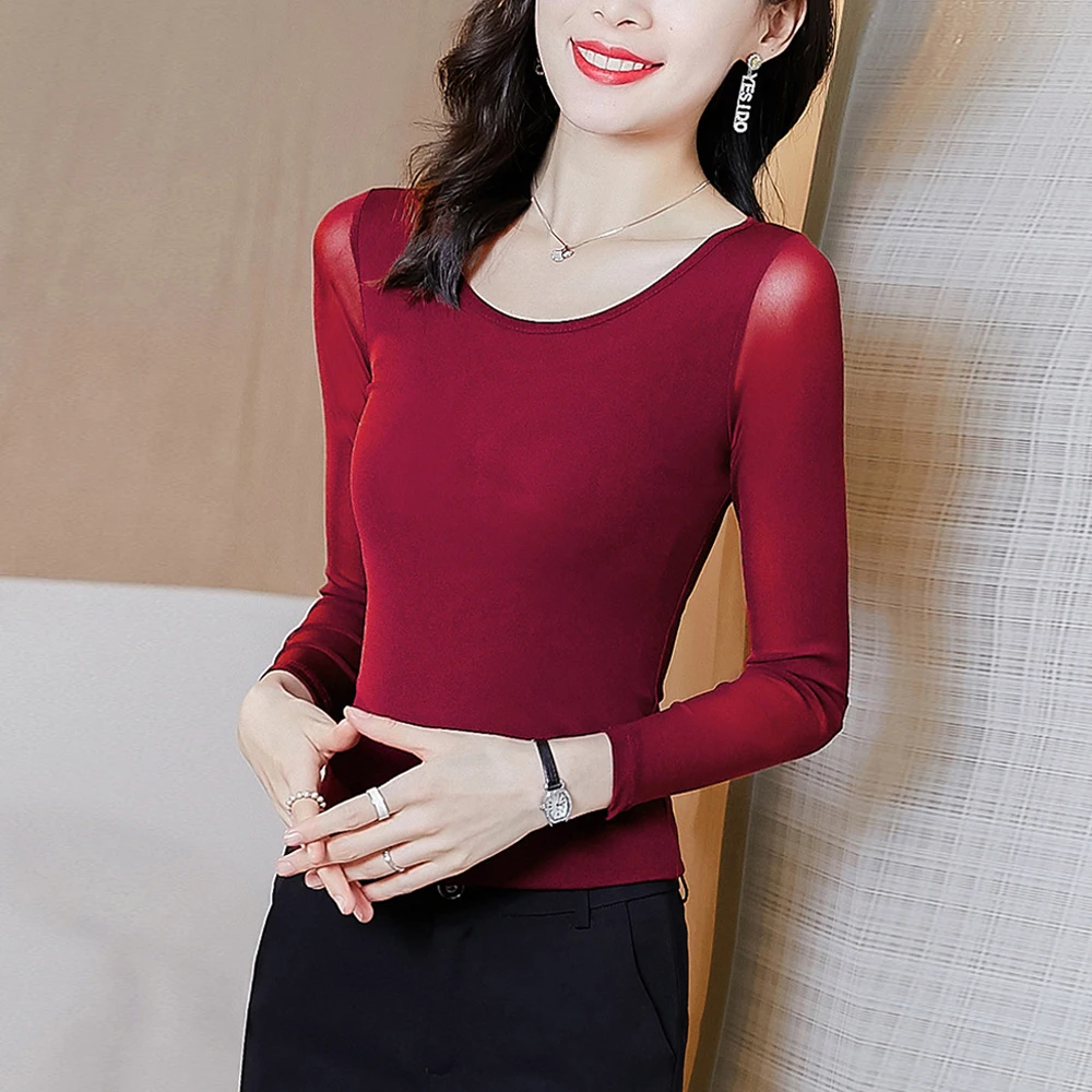 Women's New Mesh T Shirt M-3XL Basic O-neck Full Sleeve Shirt Women Slim Stretch Female Bottoming Blouses Red Ladies Sexy Tops