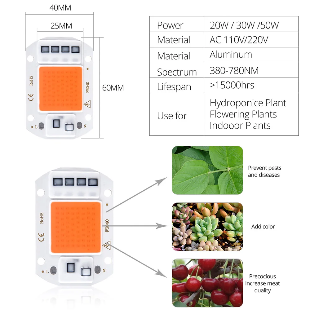 20W 30W 50W Driver-Free Linear High Voltage 220V COB Light Source 110V Full Spectrum Plant Growth LED Lamp Beads