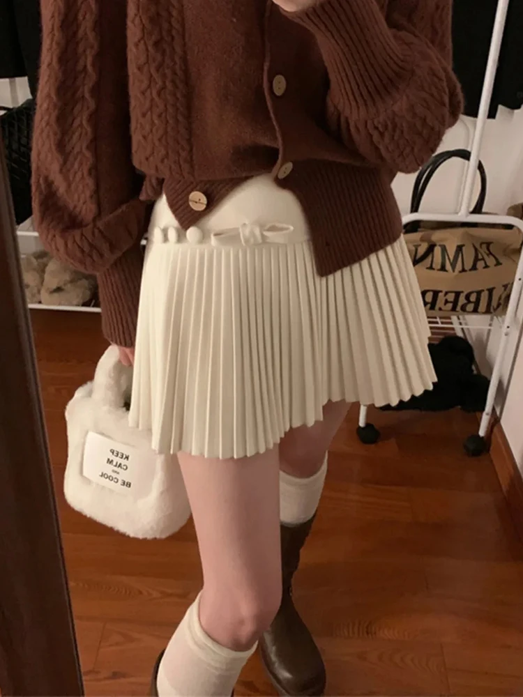 Sweet Bow Mini Skirt Women Early Autumn High Waist Solid Pleated A Line Skirts Hottie Vintage Harajuku Preppy All Match Skirt