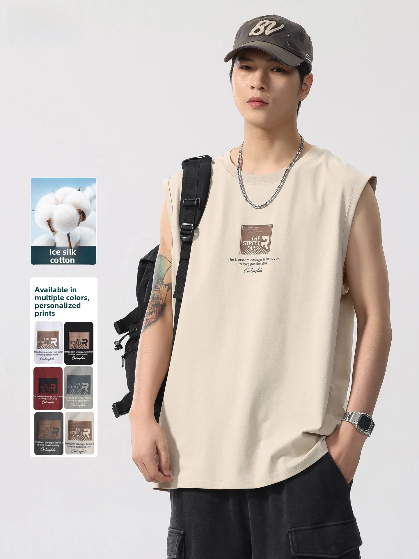 

Ice Silk Cotton round Ne Vest Men's New American Svel T-irt Summer Loose Baskeall Sports Qui Dry Top