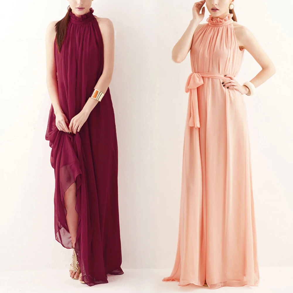 Vestido largo Bandage de gasa para mujer, vestido largo bohemio para oficina, vestido largo plisado sin mangas para fiesta, vestidos por debajo de la rodilla para mujer