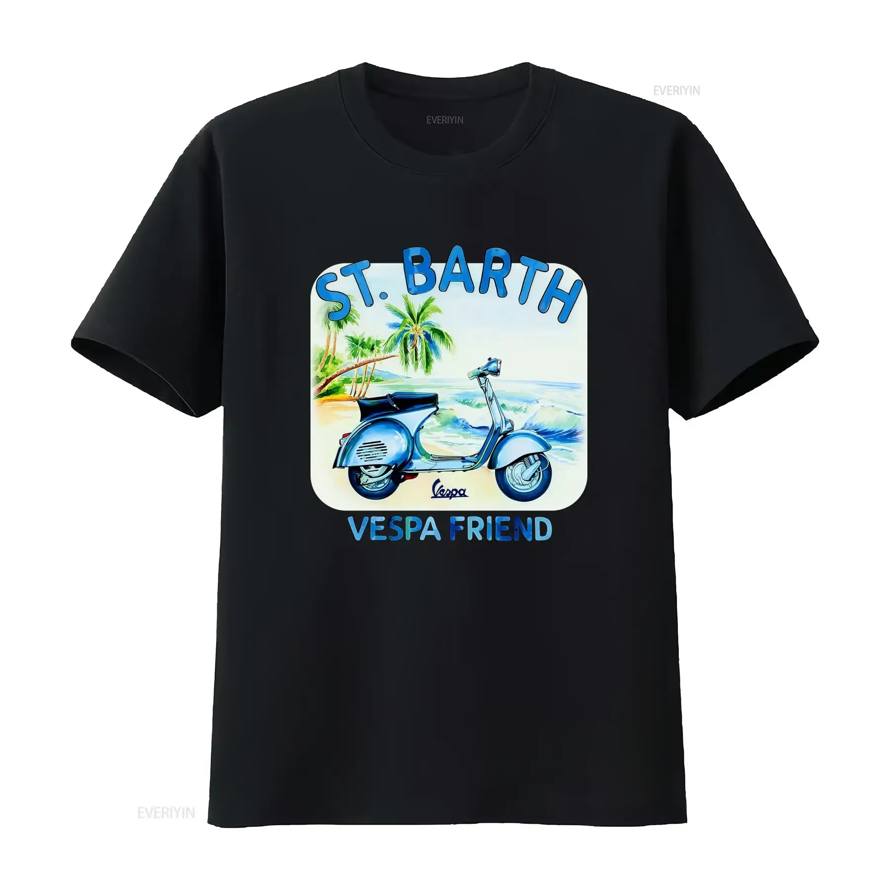 T-shirt bianca da uomo Saint Barth con stampa logo scooter, girocollo casual, abbigliamento estivo da spiaggia, lavabile, stile vintage