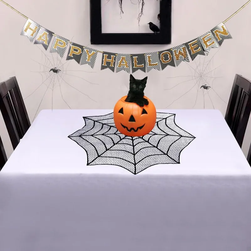 Halloween Spider Web Table Cloth Decor Black Spider Web Lace Tablecloth Curtain For Halloween Party Home Decoration Horror Prop