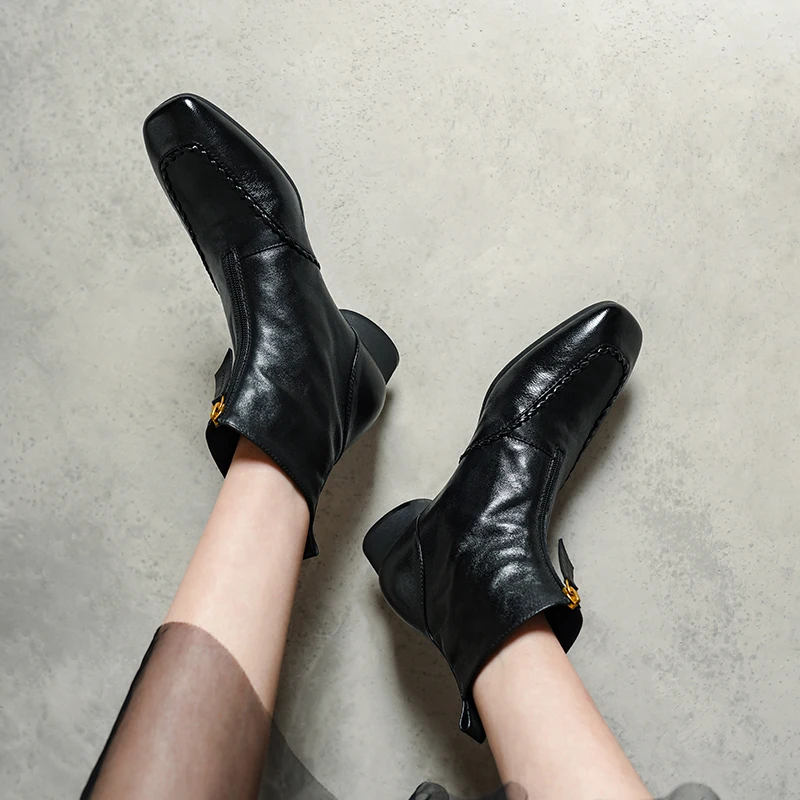 2026 New Women Genuine Leather Square Toe Zipper At The Front Ankle Boots Elegant Ladies Low Heel Daily Dress Slim Short Boots