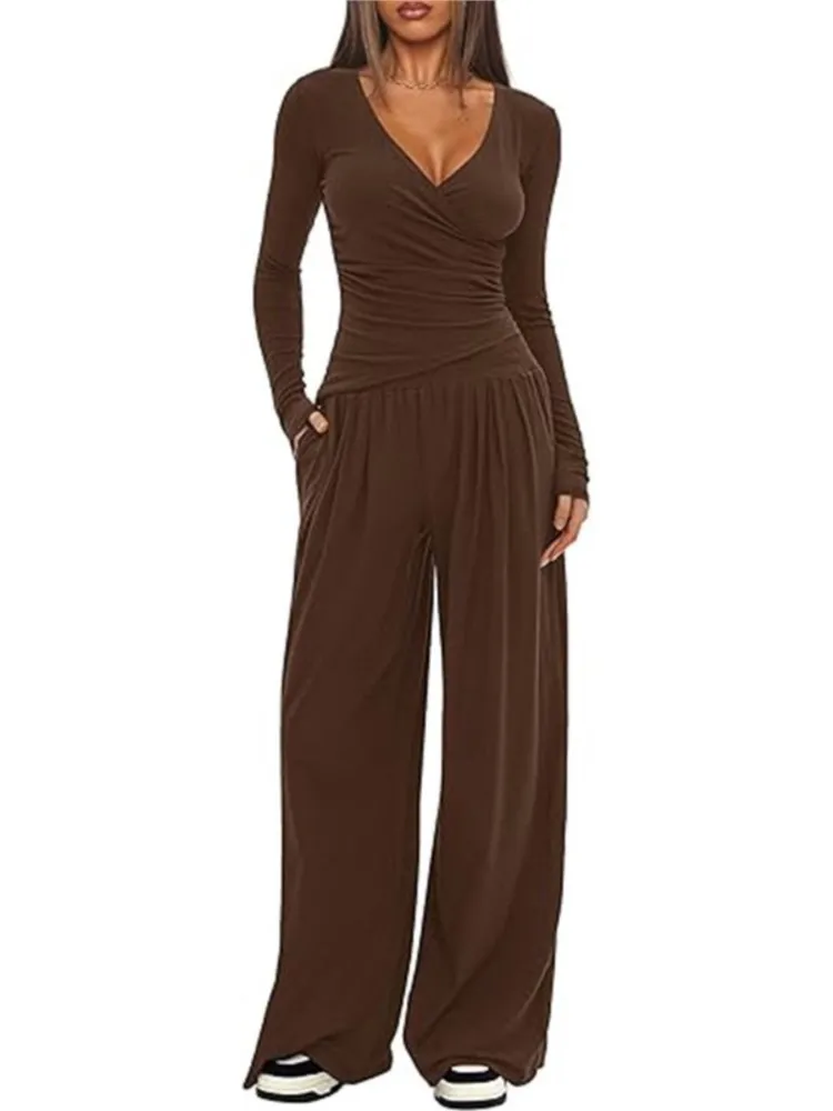 

Fashion V-neck Long Sleeved Slim Fit T-shirt Top+wide Leg Pants Two-piece Set Autumn Winter Casual Comfortable Pants Set Women