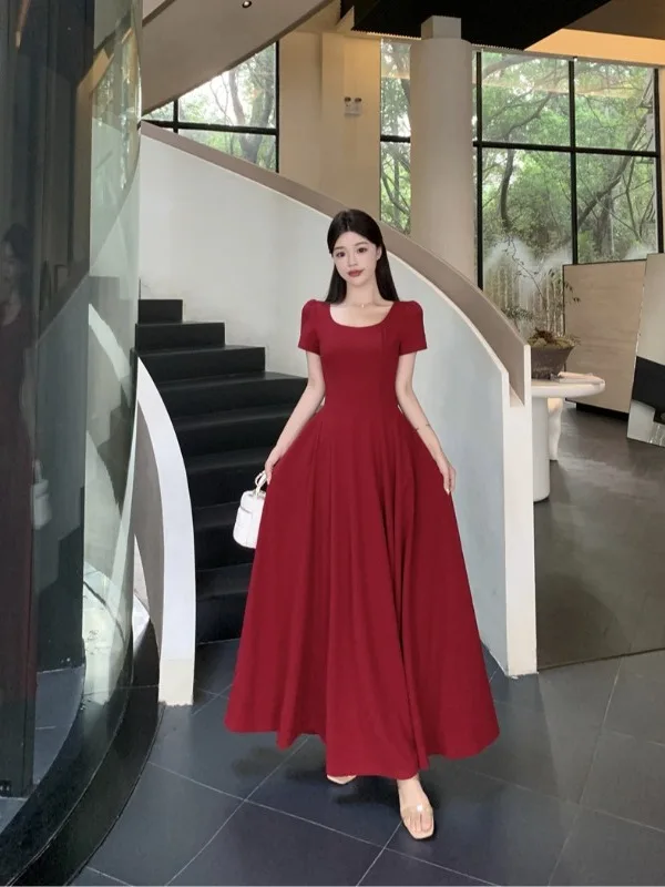 

plus Size Women's Atmosphere Dress Summer New Waist Cinching A-Line Skirt Red Square Collar Short Sleeve Long Dress