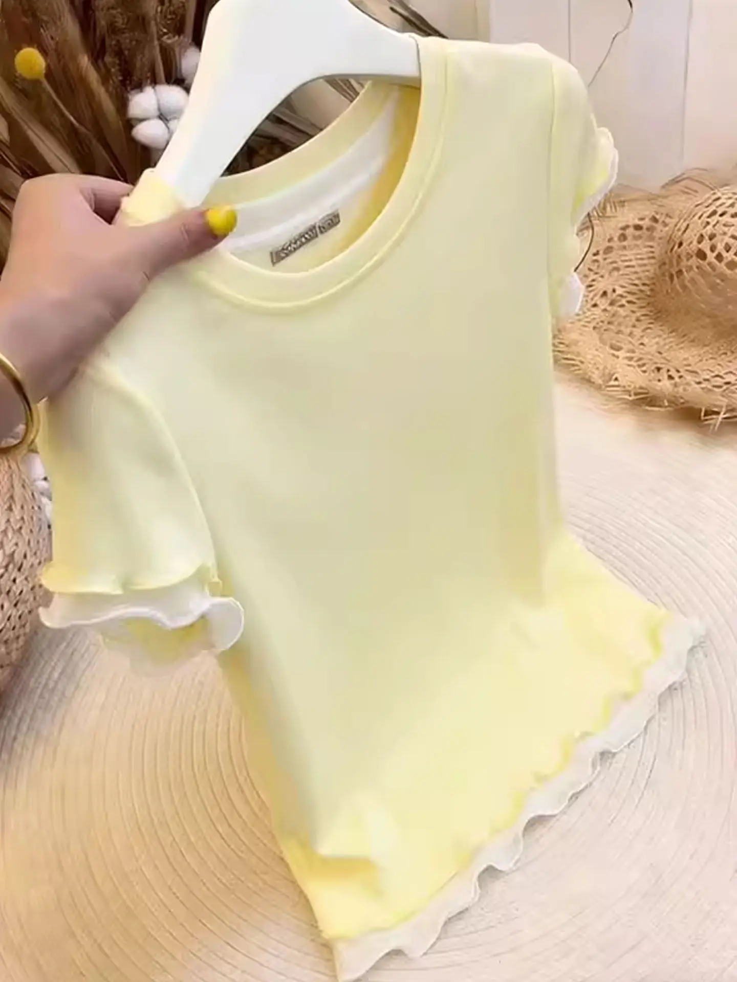 

Sweet Style Contrast Color Lace round Neck Short Sleeve T-Shirt Fashionable Summer Trendy Top Women's Korean Version Straight...