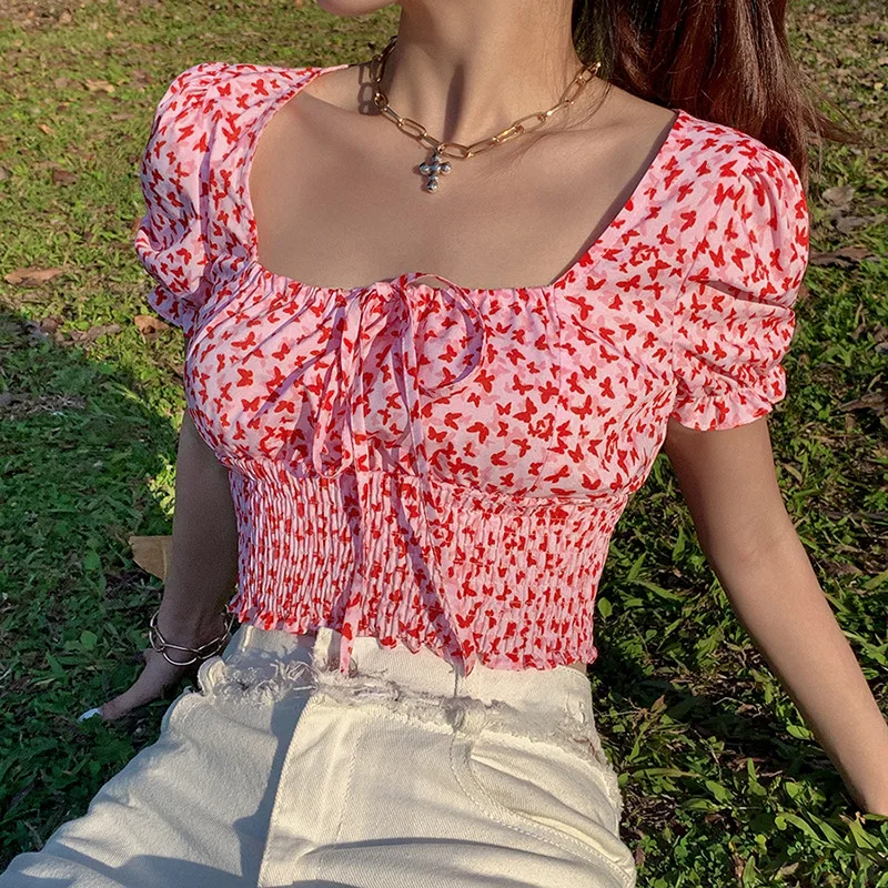 T-shirt froncé bouffant Sve pour femmes, haut carré imprimé en coton décontracté pour dames, respirant, été