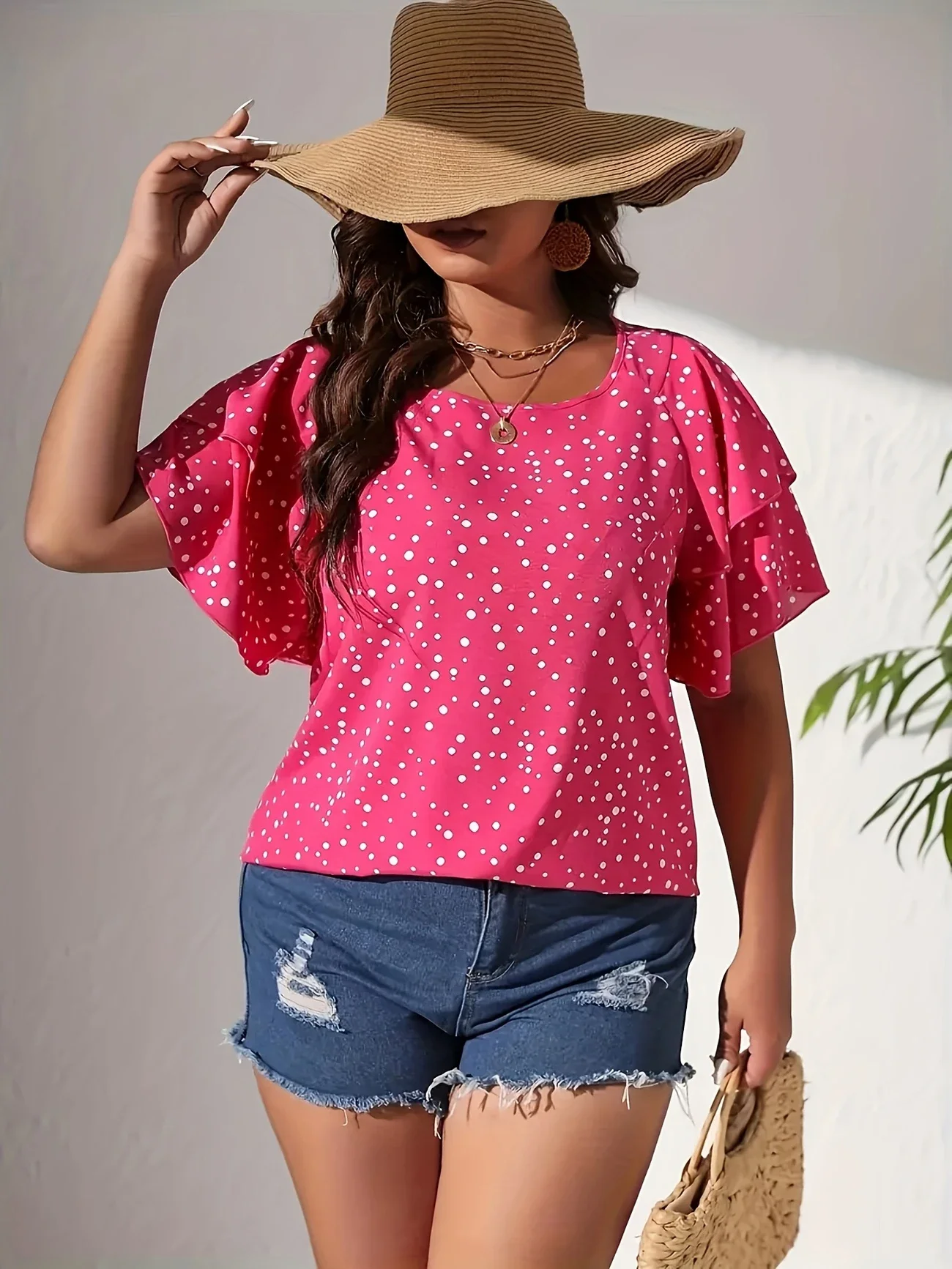Plus Size 1XL-5XL Women's  Elegant V-Neck Blouse  Vibrant Pink & White Polka Dot Print Ladies Casual Short Sleeve T-shirt Tops