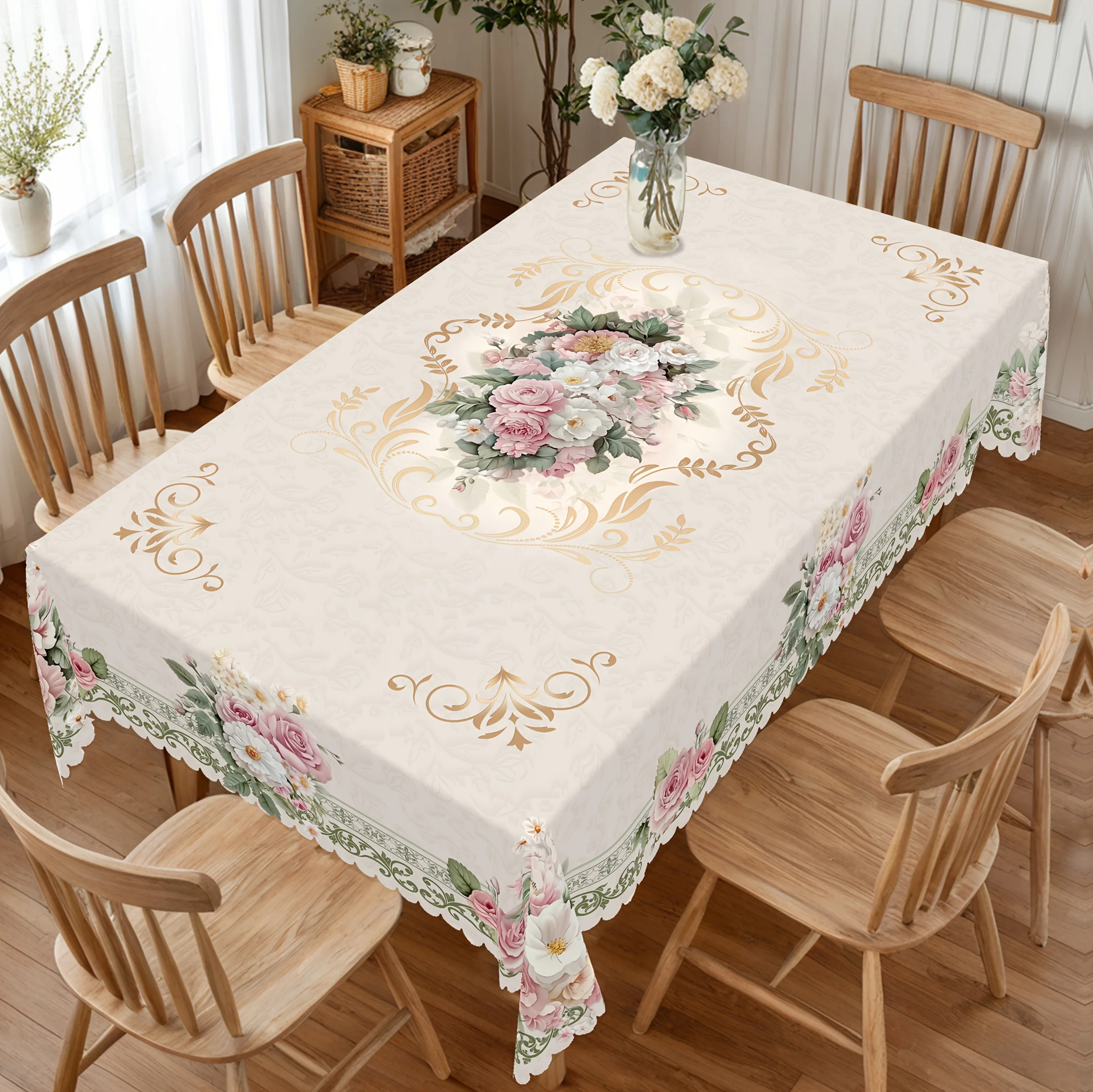 

Скатерть прямоугольная с принтом роз и ромашек для свадьбы, вечеринки, домашнего декора, моющаяся, с французским цветочным узором, для кухонного стола