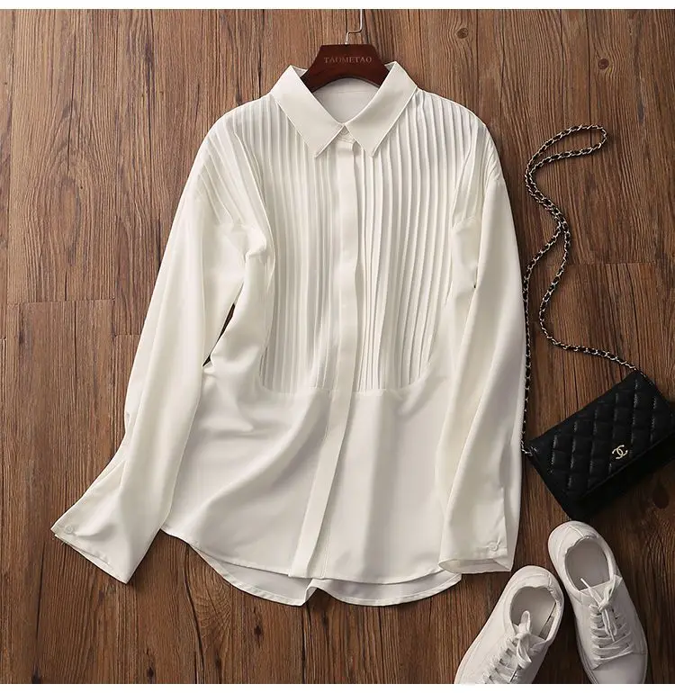 Fashion POLO Collar Pleated Patchwork Women\'s Clothing Spring New White All-match Tops 2023 Women Casual Loose Chiffon Shirt